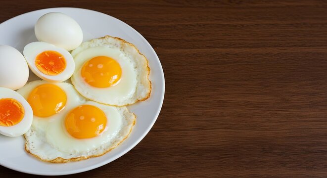 Sunny Side Up and Boiled Eggs on Plate Against Wooden Background - Powered by Adobe