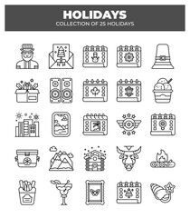 Collection of 25 Holidays. Festive Calendar Icons for Events and Celebrations