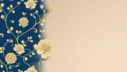 Obraz premium Elegant floral background featuring gold ornamental flowers and vines on a deep blue panel, contrasted with a soft beige space. The luxurious decorative style makes it suitable for invitations