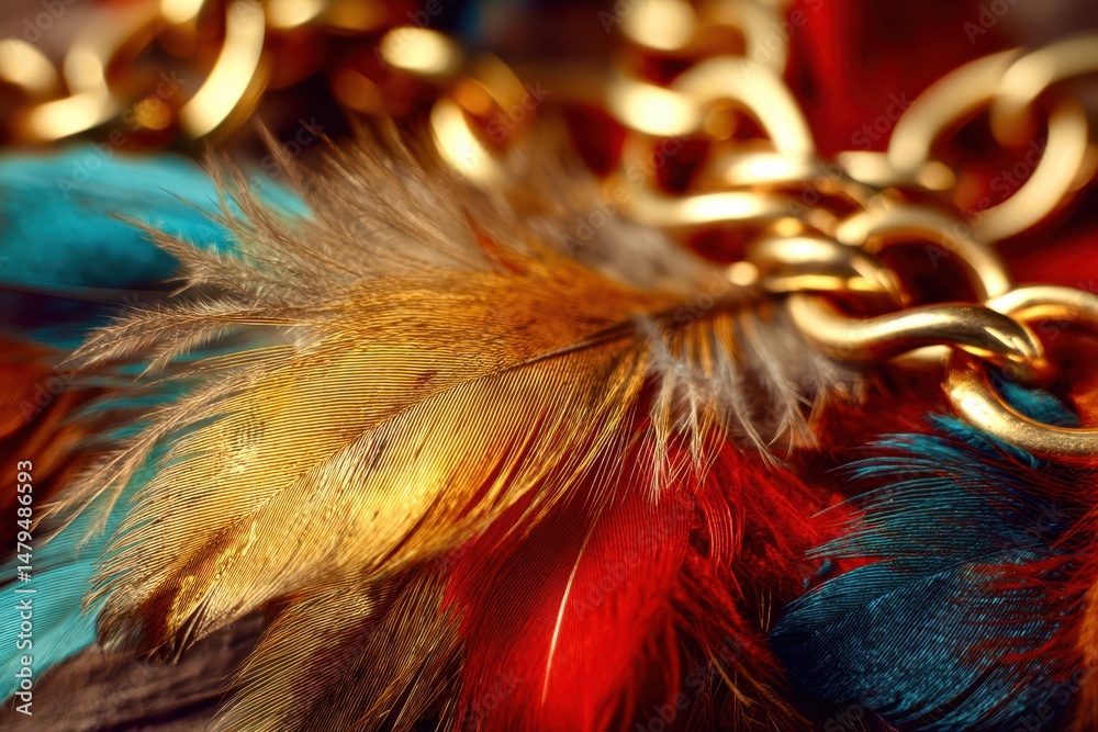 Poster a close up of colorful feathers with gold chains