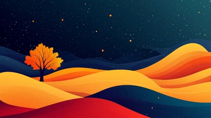 Amidst colorful flowing abstract waves, a stylized black tree stands, creating a vibrant nature illustration