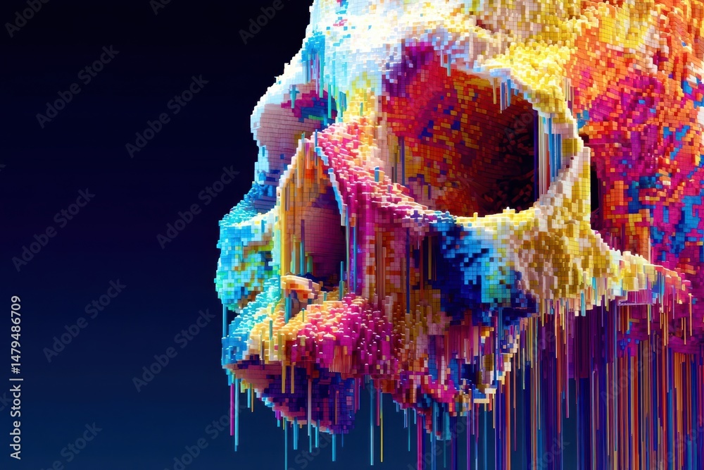 Poster A colorful skull with a rainbow of colors splattered all over it
