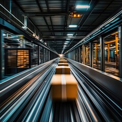 Fototapeta premium Fast Moving Cardboard Boxes on a Conveyor Belt in a Modern Warehouse