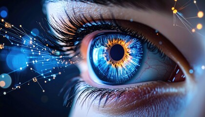 Close-up of an eye reflecting colorful digital lights, symbolizing technology and futuristic vision 