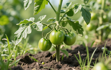 Fototapeta premium Tomato plants thrive in fertile soil, surrounded by wild grass. Green, unripe tomatoes hang beneath imperfect leaves, adding a raw, natural touch. Bright lighting enhances the fresh, organic feel.