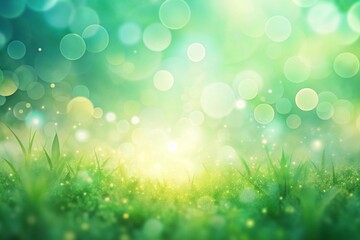 Obraz premium Abstract green bokeh background with grass and sparkling light in nature.