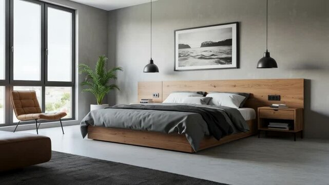 Modern bedroom interior with wooden bed frame and gray accents in a minimalist style
