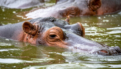 Hippo's head emerges from water, showcasing skin texture and serene gaze in its natural habitat