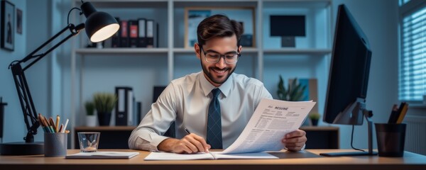 Motivated Job Seeker Polishing Resume at Modern Desk Workspace