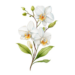 Watercolor illustration shows delicate white orchids blooming on a branch.