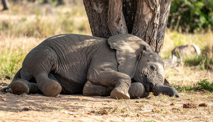 A baby elephant rests against a tree trunk in a grassy savanna, looking tired