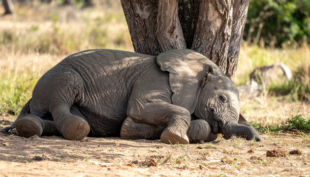 A baby elephant rests against a tree trunk in a grassy savanna, looking tired