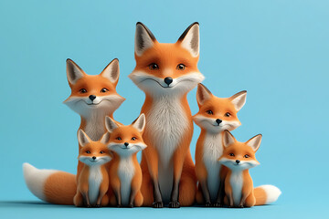A charming group of six cartoon foxes posing together against a light blue background