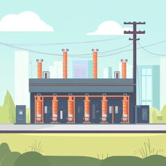 Obraz premium Industrial plant illustration showcasing power generation and distribution in a city environment with electric pole and power lines