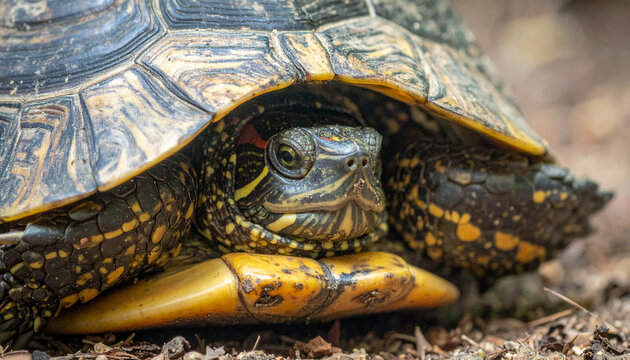 A turtle hides, its patterned head and shell visible, adding character to its secretive life