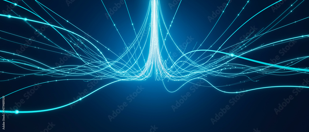 Poster 3d rendering glowing lines converging into central beam of light