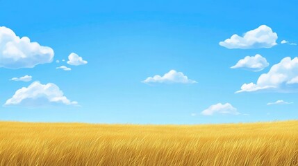 Fototapeta premium A vibrant golden field under a bright blue sky with fluffy white clouds. showcasing a solitary tree amidst the landscape. ideal for nature-themed projects