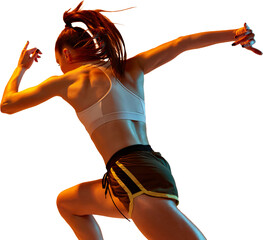 Young girl, professional runner athlete in uniform training, running isolated on transparent...