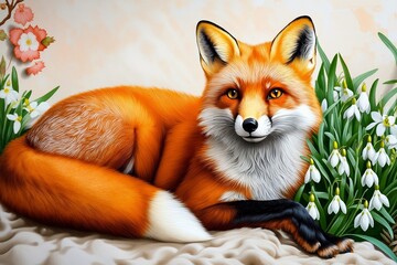 Obraz premium A painting of a red fox laying down in a field of flowers