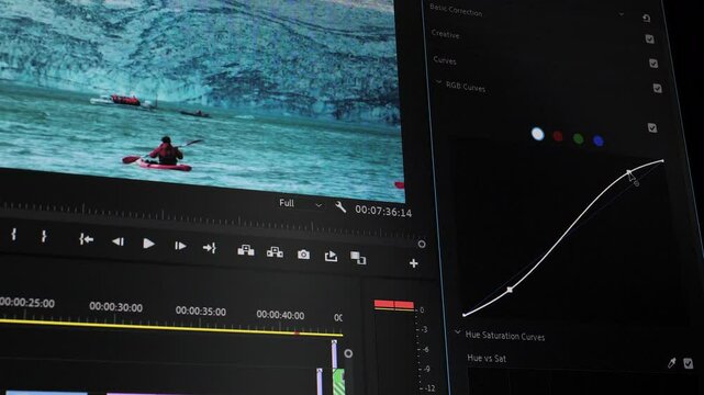 Video color grading panel with RGB curves and playback controls, Detailed view of video editing interface with RGB curve adjustment and timeline preview