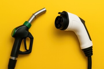 Gas Pump and Electric Car Charger on Yellow Background