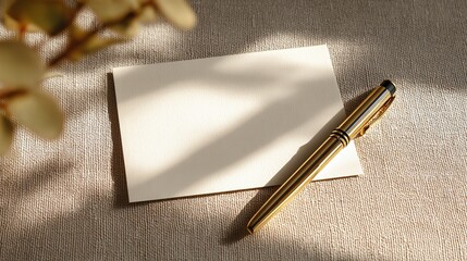 Elegant golden pen rests beside a blank notecard, bathed in soft light. Perfect for a heartfelt message or creative writing.