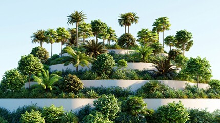 Fototapeta premium background of wild jungle hill covered with varied vegetation layers, ferns, tropical palms, and tree clusters, visible slope structure, volumetric light adds drama and realism to the composition