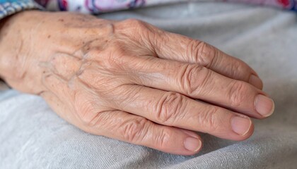 Fototapeta premium A poignant close-up of an elderly person's hand, with visible wrinkles, veins, and age spots, showcasing the passage of time