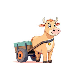 Vsai happy cartoon ox pulling wooden cart illustration
