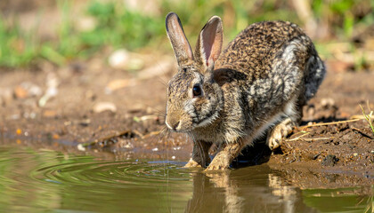Fototapeta premium Brown rabbit at a water's edge with green foliage in the background, enjoying a refreshing drink