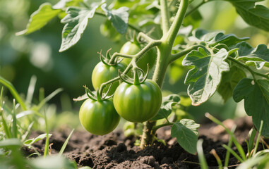 Fototapeta premium Tomato plants thrive in fertile soil, surrounded by wild grass. Green, unripe tomatoes hang beneath imperfect leaves, adding a raw, natural touch. Bright lighting enhances the fresh, organic feel.