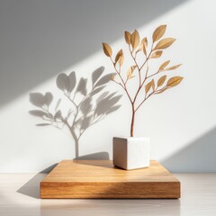 Dried leafy branch in cube vase casting shadow on wall on wooden platform in studio setting still life