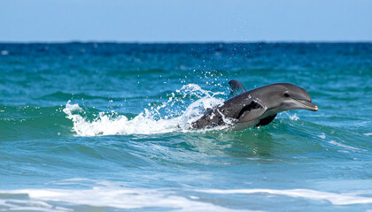 Obraz premium Dolphin leaping from ocean wave, splashing water