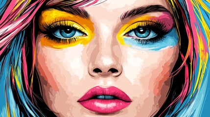 A woman's face is depicted with vibrant digital makeup and surrounded by abstract pink and yellow graphics