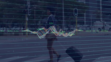 business commuter woman walking crosswalk pulling suitcase with animated grid lines and line graphs - Powered by Adobe