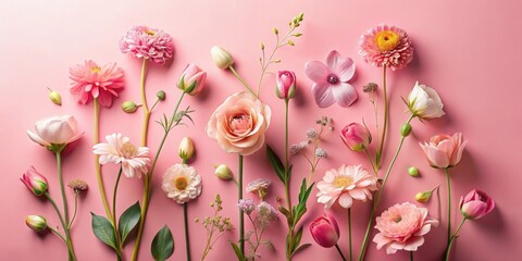 A Delicate Arrangement of Pastel Pink Blossoms on a Soft Pink Background, Featuring Various Flowers and Buds in a Flat Lay Composition