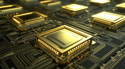 Golden computer chips on circuit board