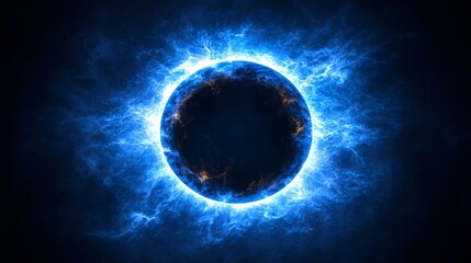 A black hole radiates intensely, surrounded by a fiery aura and intricate blue nebula patterns, set against the inky blackness of space