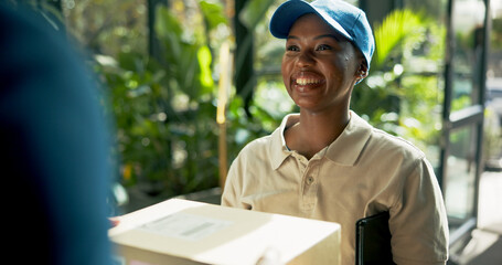 Cardboard box, woman and delivery with parcel by home for logistics distribution with career. Happy, supply chain and African female courier driver with package for order with cargo service at house.