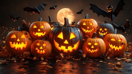 Fototapeta premium Halloween pumpkins under moon