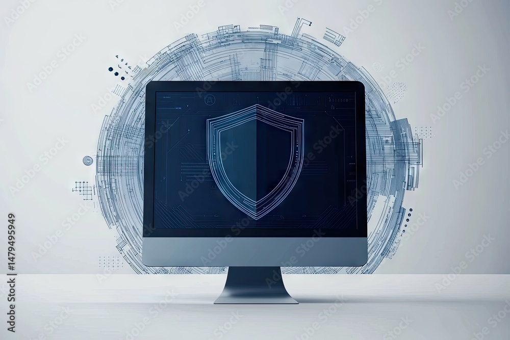 Poster a modern computer screen displaying a digital shield symbol. representing cybersecurity and protecti