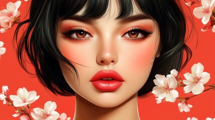 A digital portrait of a woman is depicted looking forward, sporting a black bob haircut and bold red makeup set against a vibrant red backdrop