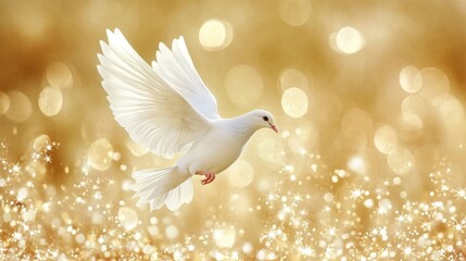 Fototapeta premium A dove in flight with outstretched wings is set against a bright, golden backdrop that features dynamic and abstract smoky designs