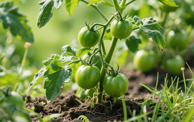 Fototapeta premium Tomato plants thrive in fertile soil, surrounded by wild grass. Green, unripe tomatoes hang beneath imperfect leaves, adding a raw, natural touch. Bright lighting enhances the fresh, organic feel.
