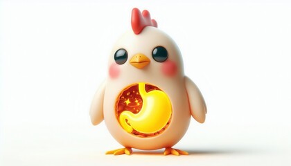 Cute animated chicken character with magical stomach digital art whimsical environment studio viewpoint