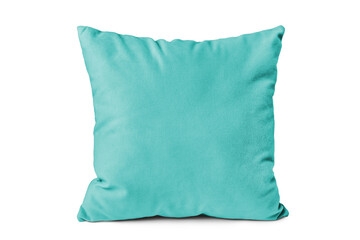 Decorative turquoise velvet rectangular pillow for sleeping and resting isolated on white, transparent background. Cushion for home interior decor, pillowcase mockup, template for design.