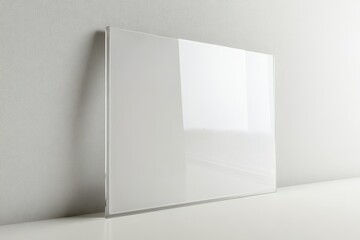 Clear acrylic wall sign holder mounted on a white wall with natural light casting shadows in a modern interior space during the afternoon