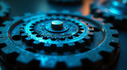Close-up of a ticking mechanical gear infused with glowing blue energy, set in a detailed steampunk laboratory, captured in precise microphotography