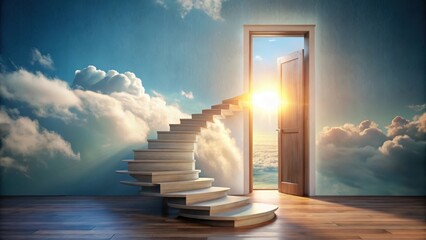 Wooden Staircase Ascending to a Heavenly Doorway, Opening onto a Sunlit Cloudscape, Symbolizing Dreams and Aspirations