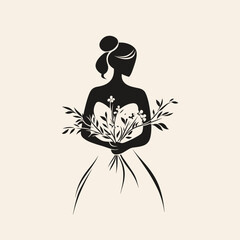 Elegant silhouette of a bride holding flowers